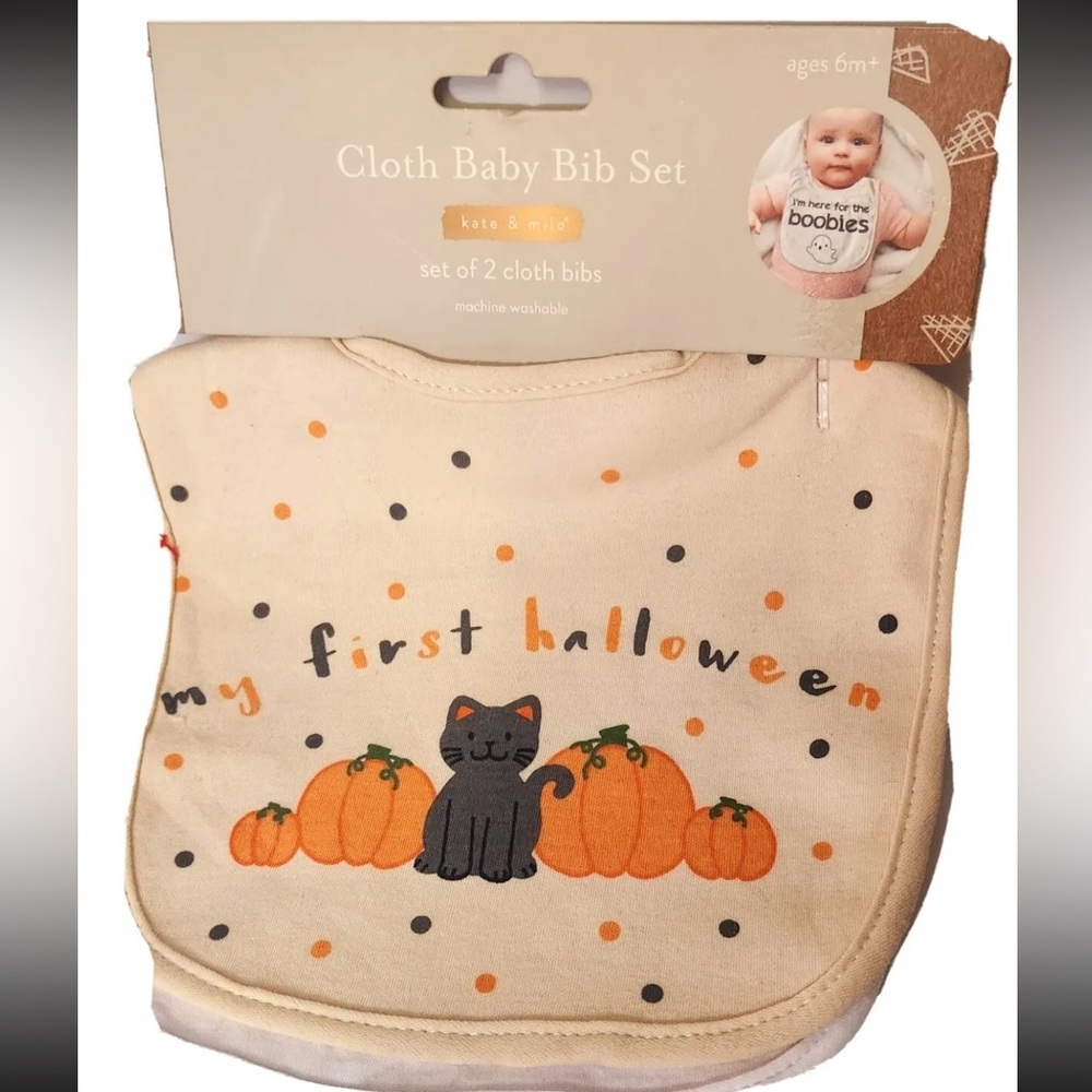 Kate & Milo My First Halloween & I'm Here For The Boobies Cloth Baby Bib Set